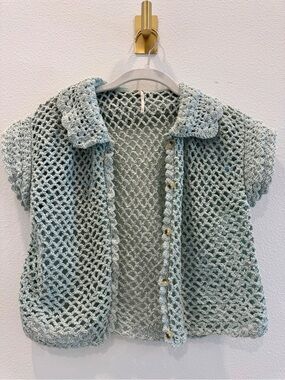 Free People Crochet Openwork Short Sleeve Button Cardigan - Light Sage